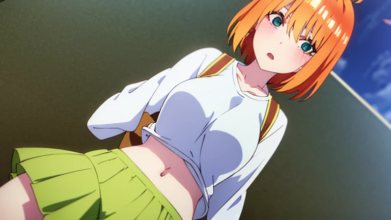 Nakano Yotsuba, orange hair, white shirt, midriff, green skirt, medium breasts,
