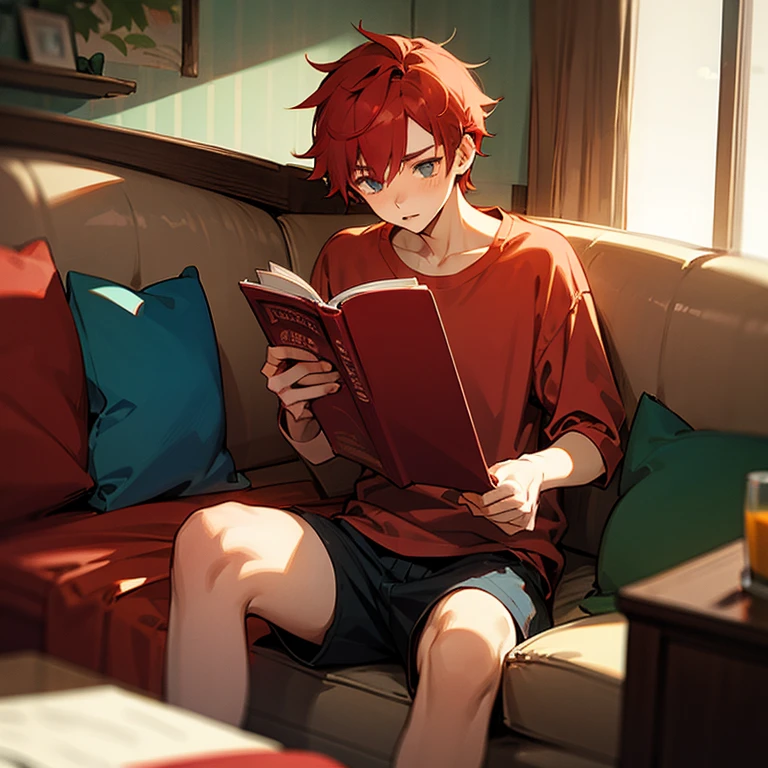 16 year old boy. Red hair, shorts, reading