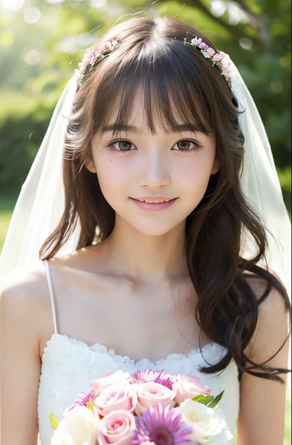 Beautiful girl, (shy smile), 15 years old, (beautiful 15 year old girl), natural light, garden wedding, bride, (best quality, 8K, masterpiece, raw photo), delicate lace, white bouquet, beautiful girl, with bangs, shy smile, (shy smile), gentle gaze, (light in eyes, natural makeup), (light makeup, thin (Eyebrows), (Natural), Natural makeup, (Thin makeup), Thin eyebrows, Ultra high quality, Glowing skin, (Light on cheeks), Glossy lips, (Pale pink), Petals dancing, Petals