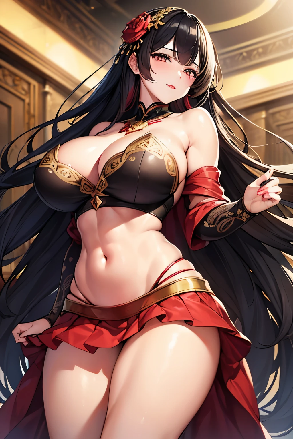 Divide Ratio : 1,1,1 Base Ratio: perfect dynamic composition:1.2,beauty(mixed girl)(kaguya otsusuki:0.9)(hinata hyuga:0.1) in (Intricately detailed photo of a ((18-year-old))),((photorealistic)),((Hyper realistic)),((sharp focus)),(highest resolution),(the most absurd quality),(masterpiece),((natural, soft lighting during the day)),supermodel,((best high quality real texture skin)),(Highly quality texture hair),(curly black hair(red highlights))Intricately detailed:1.44)),(perfect proportions),(anatomically correct),((perfect female body)), muscular body(slim waist)(six pack abs),((firm absurd size full breasts:1.2)),slim face,beautiful cheekbones,((long legs)),(slim-muscled body),(Super beautiful face),(realistic face),(highly detailed face),absurd,(Intricately detailed eyes),(tired and sleepy and satisfied:0.0),a woman's eye with a digital rendering,realistic eyes,perfect round eyes,finely detailed pupils,BREAK(brown_eyes),detailed lips,((red_lipstick)),(Detailed nose), slim waist, full body, micro mini skirt, black off-shoulder crop top