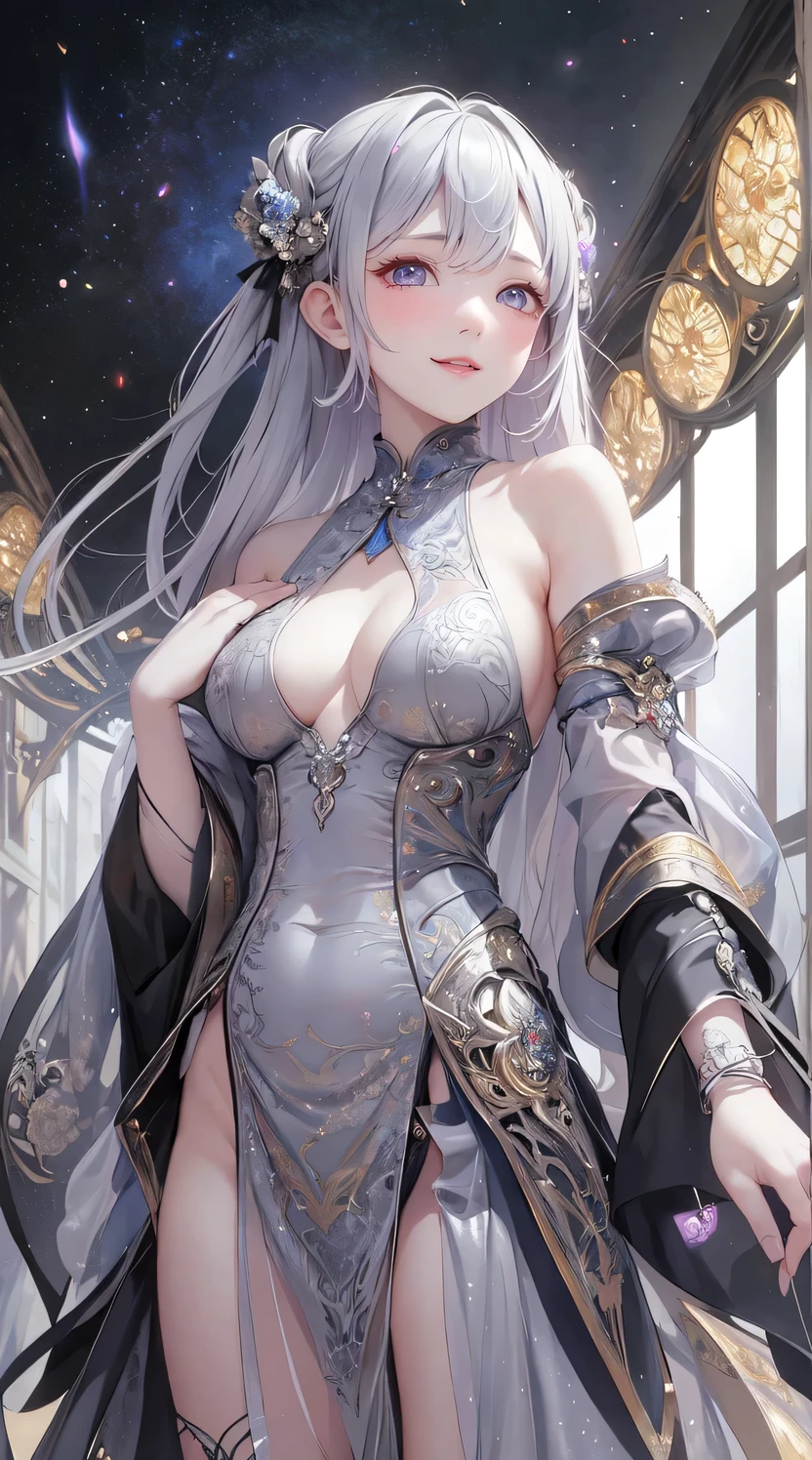 masterpiece, highest quality, highest quality, Official Art, beautifully、aesthetic:1.2, One girl:1.3, Very detailed, Fractal Art:1.3, colorful, Most detailed、((Gray Hair)),(sideboob:1.2),