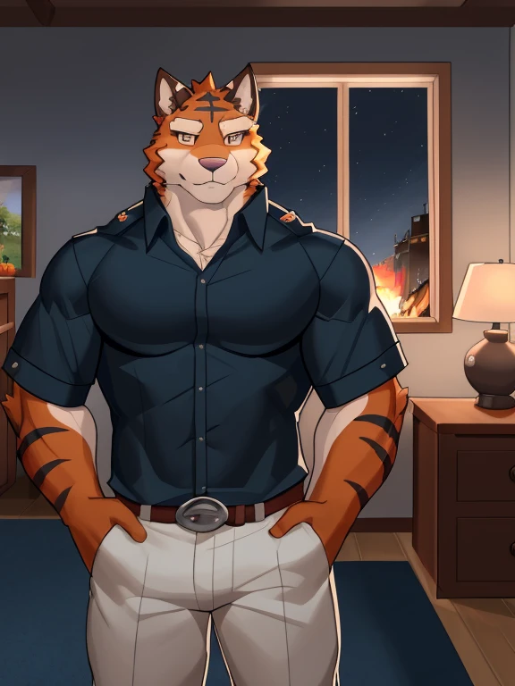 high quality, best quality, e621, brown lynx, green eyes, short blonde hair, thick eyebrows, confident, pinup, half-closed eyes, 1boy, soft muscles, big pecs, by meesh, by fasttrack37d, stripes, pink nose, bulge, pinup, stylish, small belly, big ass, thick thighs, brown eyebrows, stylish, dark green medical scrubs, scrub pants, scrub top, nurse, selfie