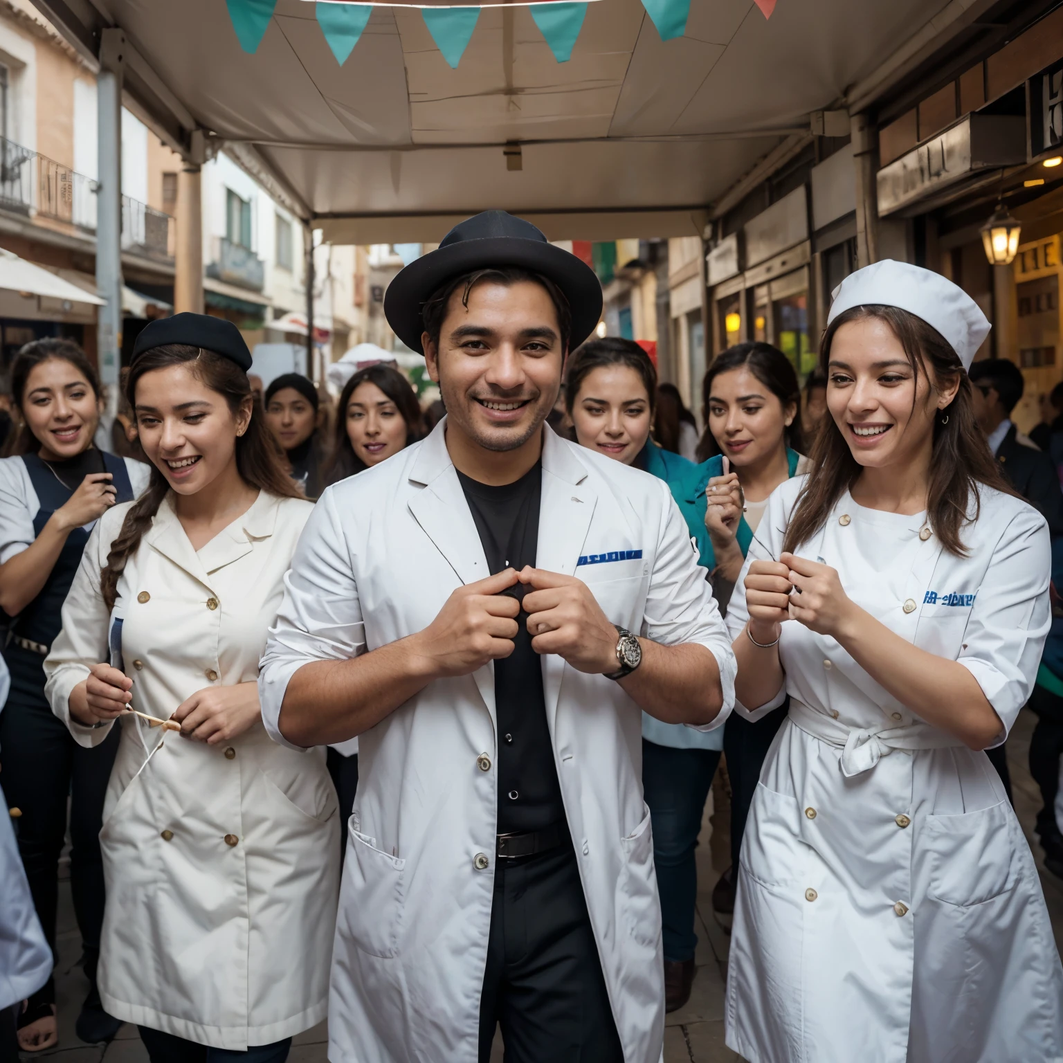 La imagen muestra a varios profesionales en diferentes campos, each dressed in their signature work attire. En el centro de la imagen, un grupo diverso de profesionales, like a doctor in his white coat, un chef con su gorro y delantal, un bombero con su casco y equipo, un ingeniero con su casco y chaleco reflectante, un artista con su paleta y pincel, y otros, everyone is dancing animatedly together. You can see expressions of joy and camaraderie on their faces as they enjoy the music and fun.. En el fondo, You can represent a festive atmosphere or a scene that suggests movement and energy