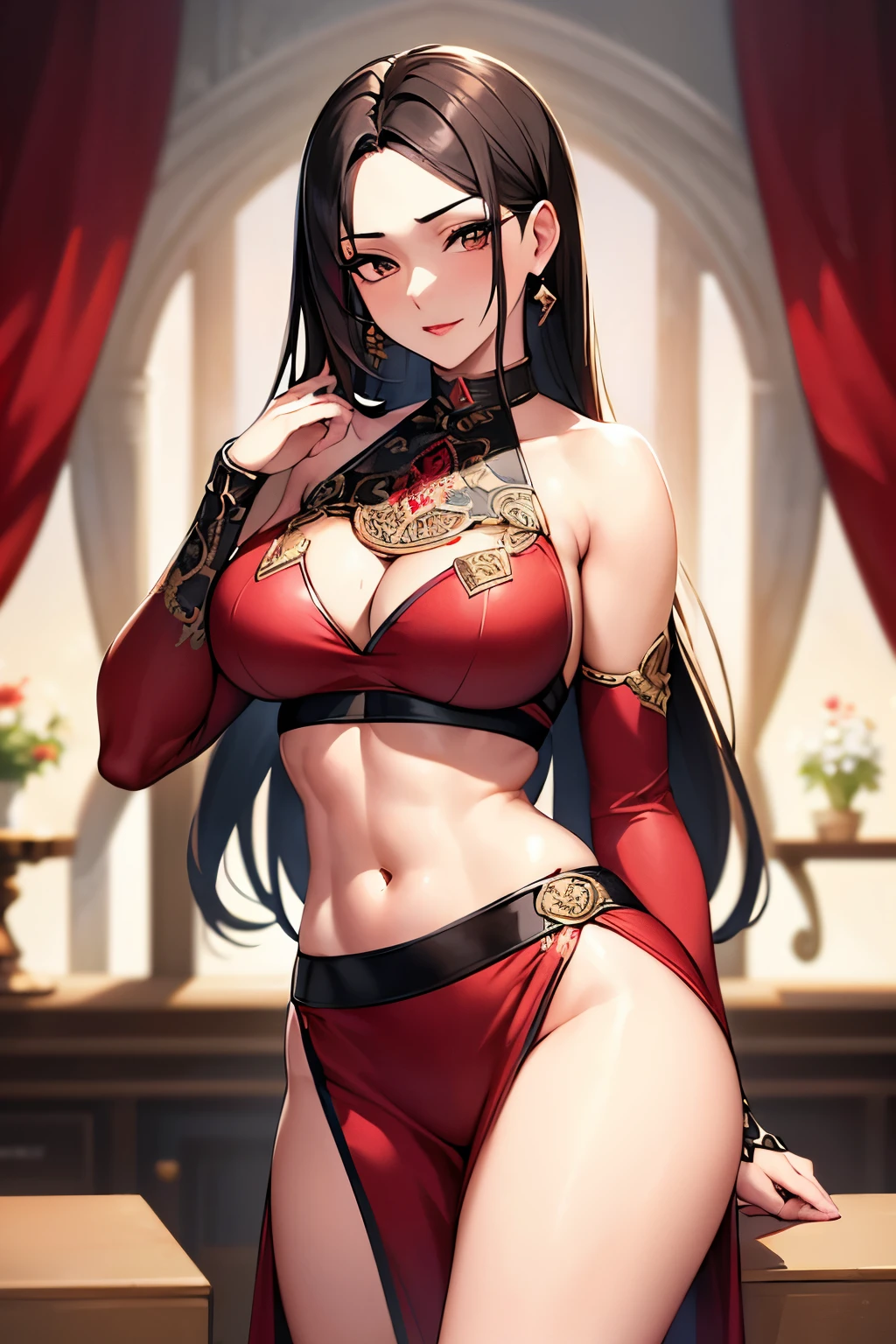 Divide Ratio : 1,1,1 Base Ratio: perfect dynamic composition:1.2,beauty(mixed girl)(kaguya otsusuki:0.9)(hinata hyuga:0.1) in (Intricately detailed photo of a ((18-year-old))),((photorealistic)),((Hyper realistic)),((sharp focus)),(highest resolution),(the most absurd quality),(masterpiece),((natural, soft lighting during the day)),supermodel,((best high quality real texture skin)),(Highly quality texture hair),(curly black hair(red highlights))Intricately detailed:1.44)),(perfect proportions),(anatomically correct),((perfect female body)), muscular body(slim waist)(six pack abs),((firm absurd size full breasts:1.2)),slim face,beautiful cheekbones,((long legs)),(slim-muscled body),(Super beautiful face),(realistic face),(highly detailed face),absurd,(Intricately detailed eyes),(tired and sleepy and satisfied:0.0),a woman's eye with a digital rendering,realistic eyes,perfect round eyes,finely detailed pupils,BREAK(brown_eyes),detailed lips,((red_lipstick)),(Detailed nose), slim waist, full body, micro mini skirt, black off-shoulder crop top
