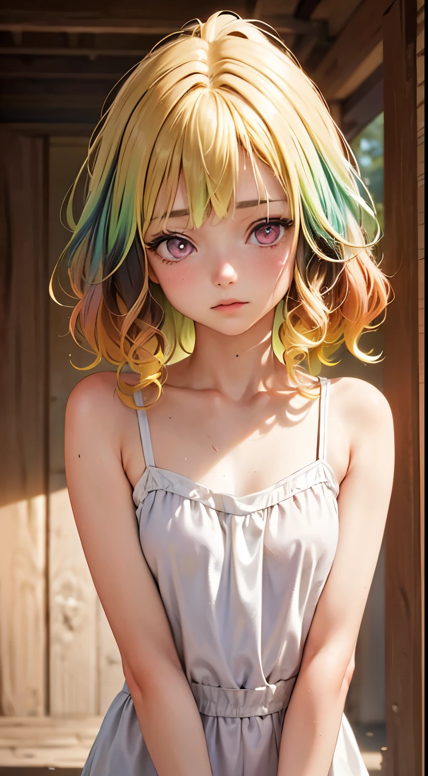 1 girl, alone, alone focus, Cowboy Shot, Portraits,, Bob Hair,Half water color, Half Green, ((Brown Hair)), (Yellow Hair), (Gradient Hair :1.5), curly/curly hair, ((Pink Eyes)), Very detailed細な目, that'why, (Caramel Black Skin:1.1), (Small TI quality, Very detailed,Bedroom,Show one'S side,Cover your chest with your hands,barely,Spread your legs,Massage(´-`*)ヘ(´∀`ヘ)モミモミ