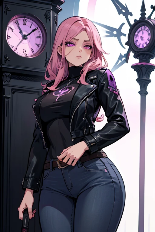A pink haired female reaper with violet eyes with an hourglass figure in a cool leather jacket and jeans  is carrying her scyth inside of a clock