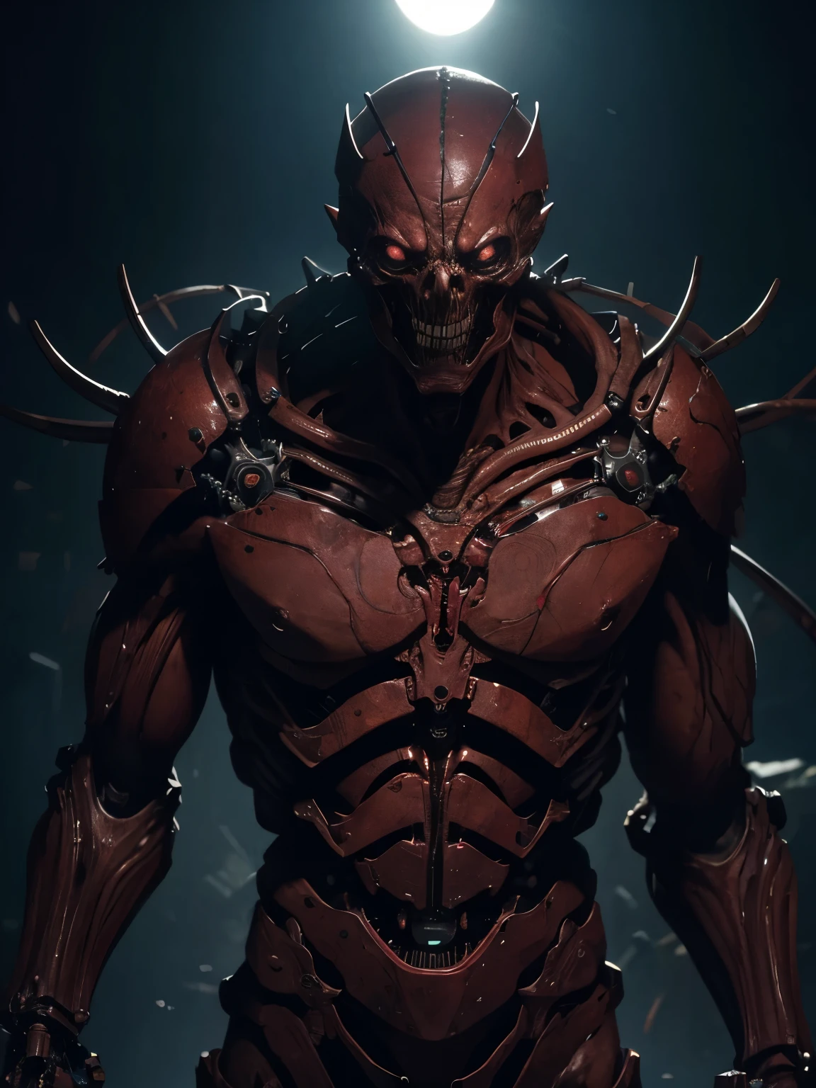 be threatening, Skinless humanoid with mechanical parts on its body, olhando para o espectador com um sorriso distorcido em estilo terror, visto da cinta para cima, Foto realista, 8k, 4k, extreme resolution, ultra high resolution, dynamic lighting