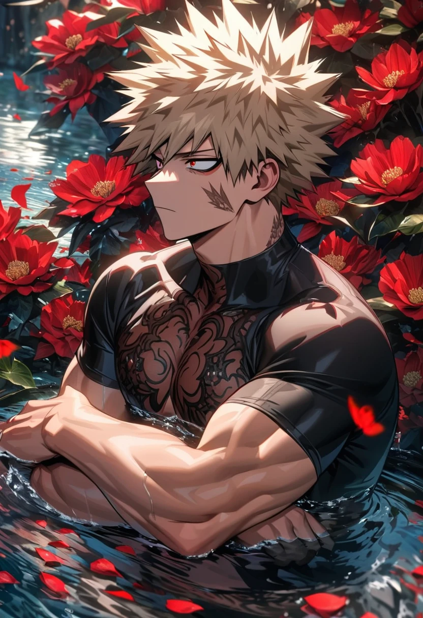 Ultra detailed, Highres, HDR, absurdres, Bakugo Katsuki, ash blond hair, expressive red eyes, patterns, Boku no Hero Academia, black tight shirt, sexy man, extremely handsome, solo, very detailed face and eyes, red butterflies, petals, red flowers, water, toned chest,