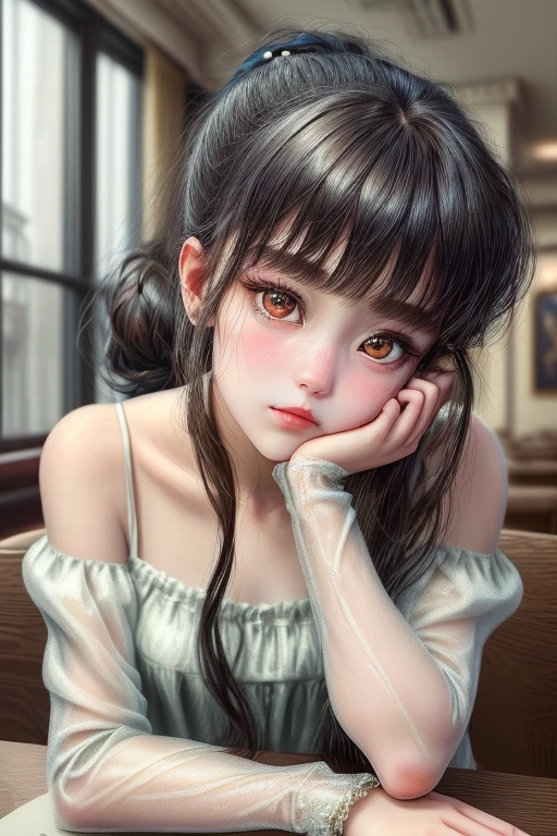 ((best quality)), ((highly detailed)), ((((Short Bob Hair)))), Complex eyes,beautiful detailed eyes,Symmetrical eyes,(((detailed face))),beautiful detailed lips, Young Face,Short stature，Pretty face， (((Embarrassing))),(Lips waiting for a kiss),(My heart is pounding with anticipation.)、Mesh Camisole、Sitting on the pillow and riding、Hugging the pillow on your knees、Bold leg spread、barefoot、Wide composition、Eating sausages、On the bed、Spilling milk、Fisheye Lens、 (Flat Chest:1.1), masterpiece, absurdres, (detailed eyes, deep eyes), (1girl), yandere trance, yandere, hands on own face, hands on own cheeks, shaded face, ((glowing eyes)), (upper body), hexmaniacms, ((@.@)), (upper body), hexmaniacms, ((@.@)), bags under eyes, ahoge, headband, black hair, pale skin, small breasts, , purple clothes, (at a cafe, coffee, noon), 