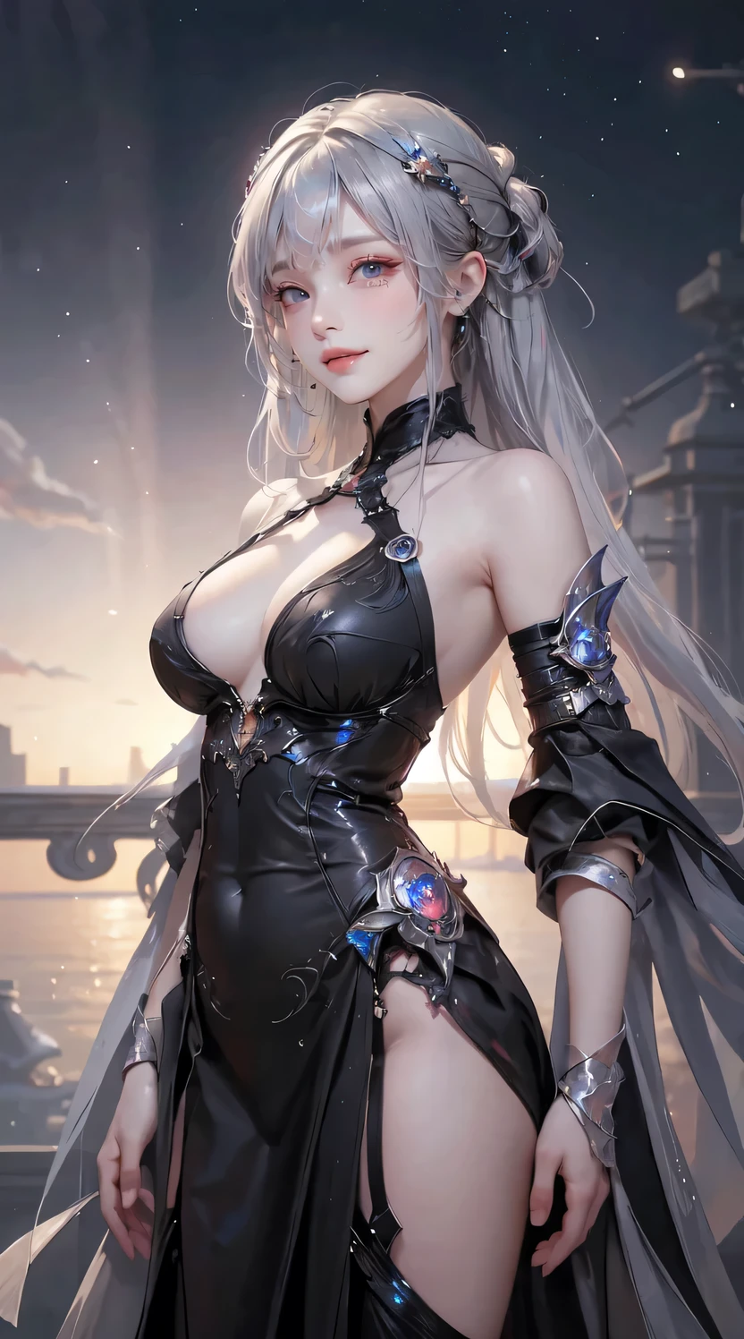 masterpiece, highest quality, highest quality, Official Art, beautifully、aesthetic:1.2, One girl:1.3, Very detailed, Fractal Art:1.3, colorful, Most detailed、((Gray Hair)),(sideboob:1.2),