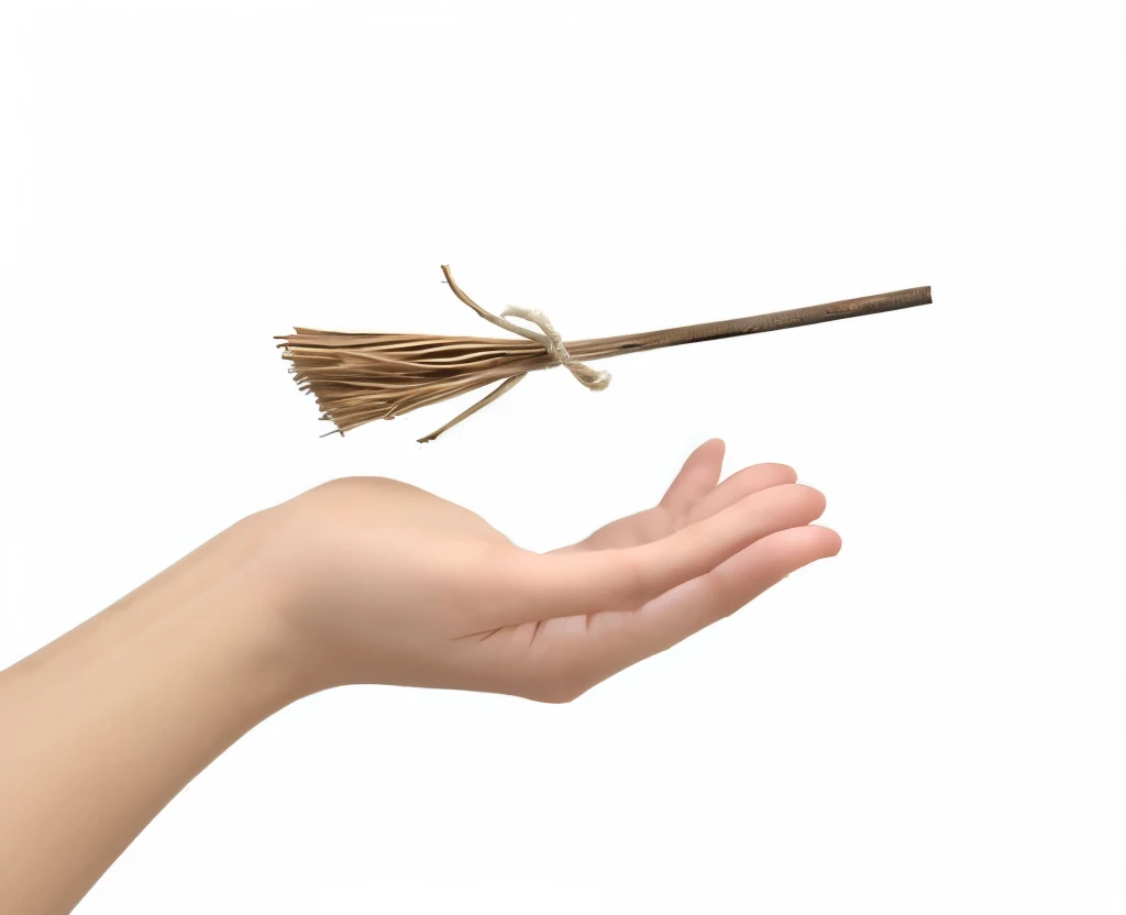 A small broom floating in the palm of your hand、White background、Five-fingered human hand、