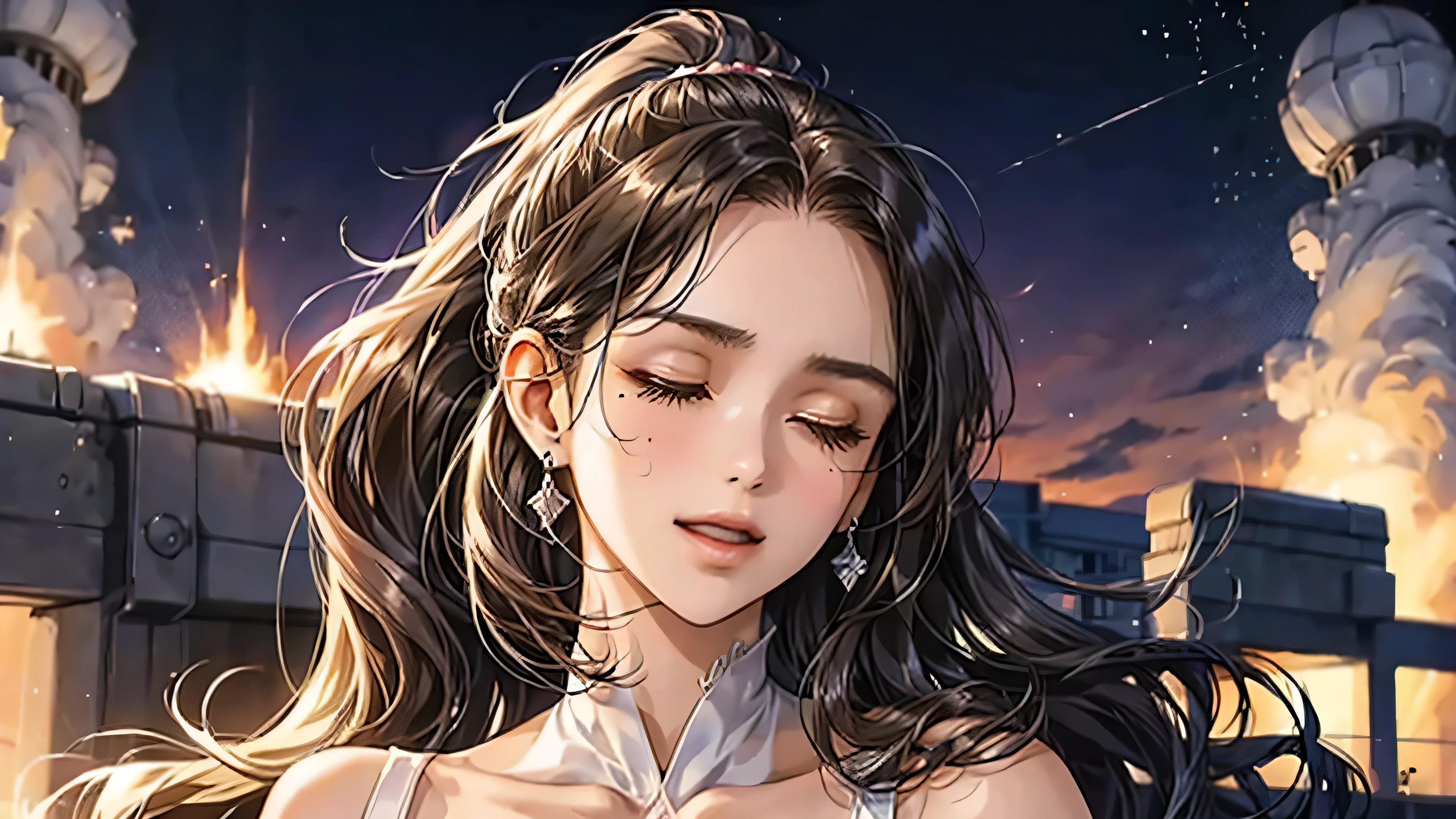 Droopy eyes, smiling, female, ponytail, ((long hair girl)), sad expression, girl with bangs, fine face, pretty face, ((best quality)), mole, white dress, hair arranged, half up, simple background, stand, stand girl, straight, 1 girl, purple eyes, soft colors, brown hair, white background, hair over ears, both eyes closed, face slightly up, singing hard, singing, diva on battlefield, shots behind, being bombed