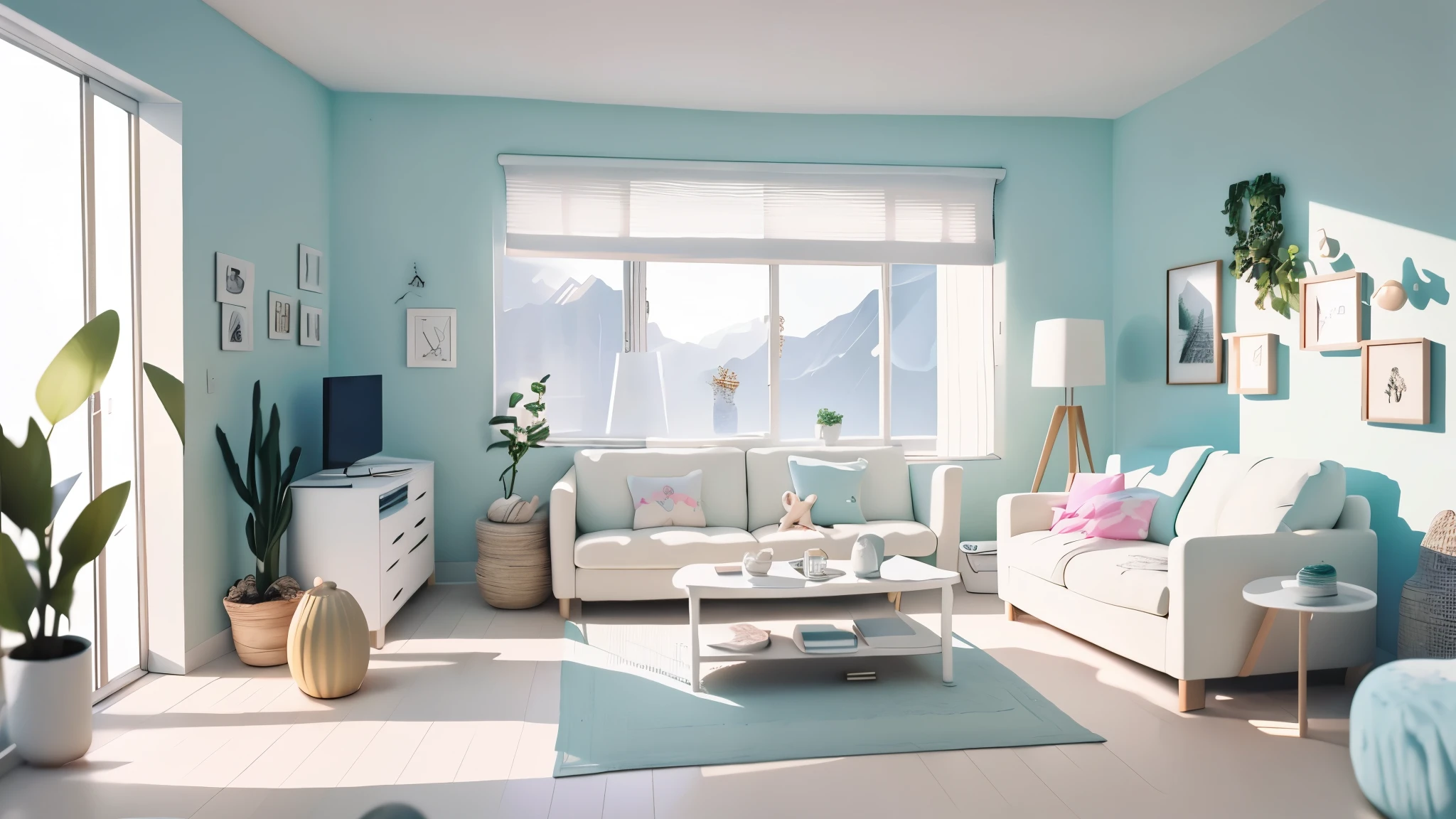 (Not cluttered、Less stuff、Minimalist)、A natural and accurate reality、Near future、very Cute room for women、(Pastel colors overall)、Simple room、Live Room,unmanned、Extremely detailed drawings、The best masterpiece、(There is a white shirt hanging on the wall)、(Outside the window, sunny , Windows with blinds)、Transparent photos、Transparent vase、Realistic Appearance: 1.4 , table, sofa,Body pillow,(Geometric pattern painting),very Simple decoration,summer、Clear skies,landscape,Inside the room,unreal engine, 8K rendering,masterpiece,High resolution,Very complicated,(Realistically:1.4),(Clay Rendering),White Background,Atmospheric