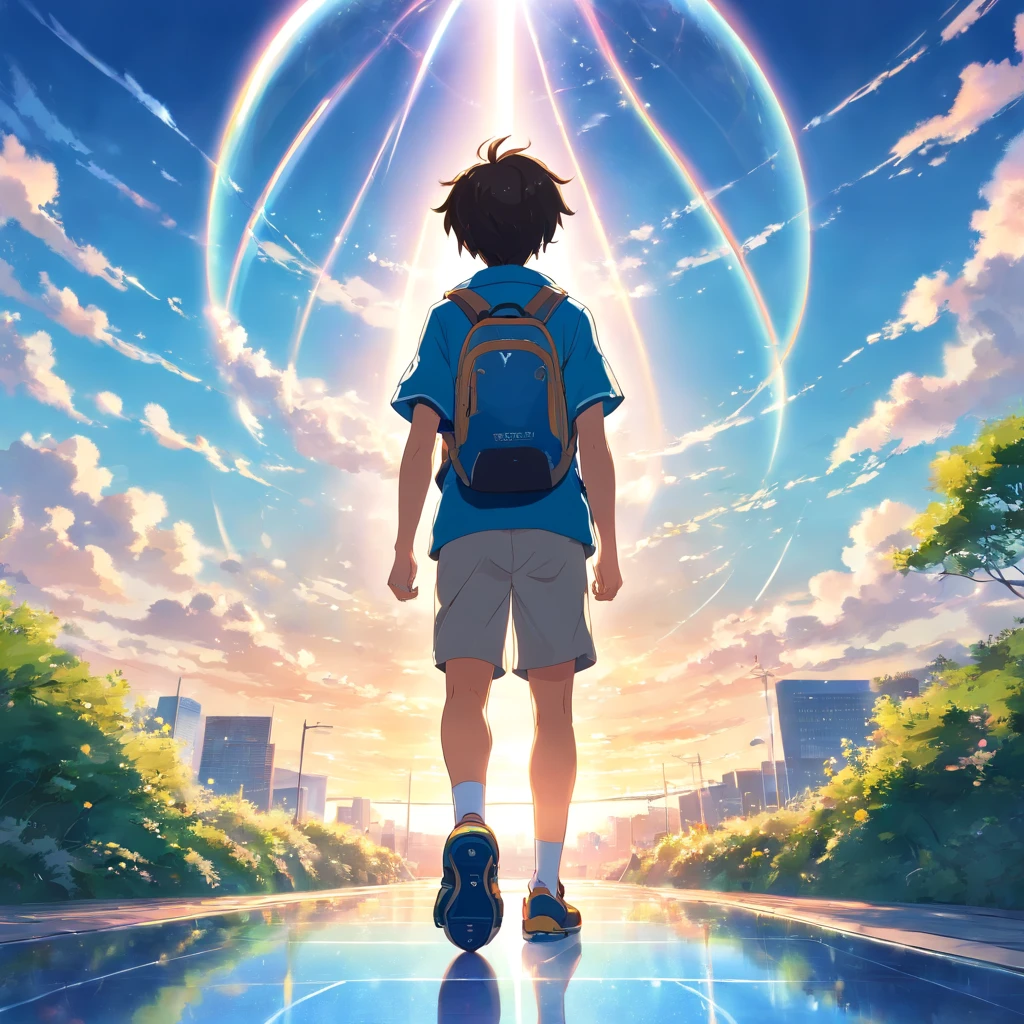 masterpiece、highest quality、Super fine、Lens flare、open、natural scenery、blue sky、Spectacular views、Stained glass floor、solo、A young man with a backpack and a soccer ball