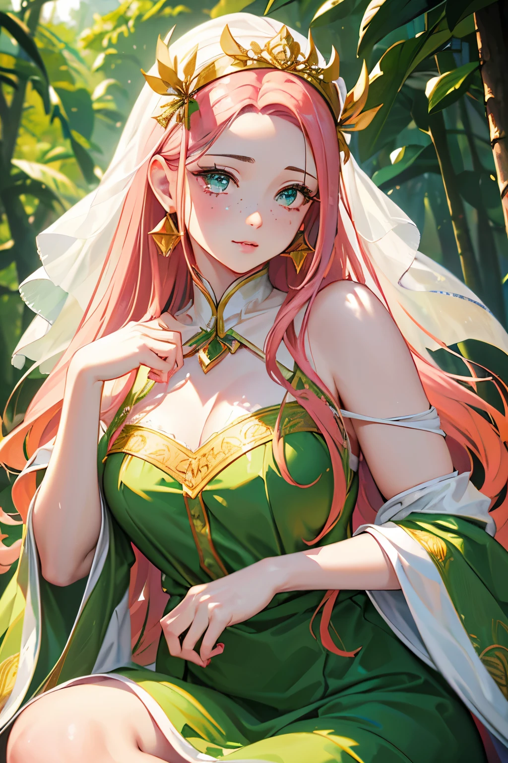 (best quality,4k,8k,highres,masterpiece:1.2),ultra-detailed,(realistic,photorealistic,photo-realistic:1.37),HDR,UHD,extremely detailed eyes and face,beautiful detailed eyes,green eyes with freckles under eyes,long eyelashes,pink hair,long pink hair,no bangs,white sleeveless top,exposed belly button,black skirt,green robe with golden edges,golden hair accessories,golden earrings,white headband,divine clothing,divine goddess,looking at the viewer,anime style,resting in a natural environment,white trees in the background,blurry background. PINK HAIR, PINK.