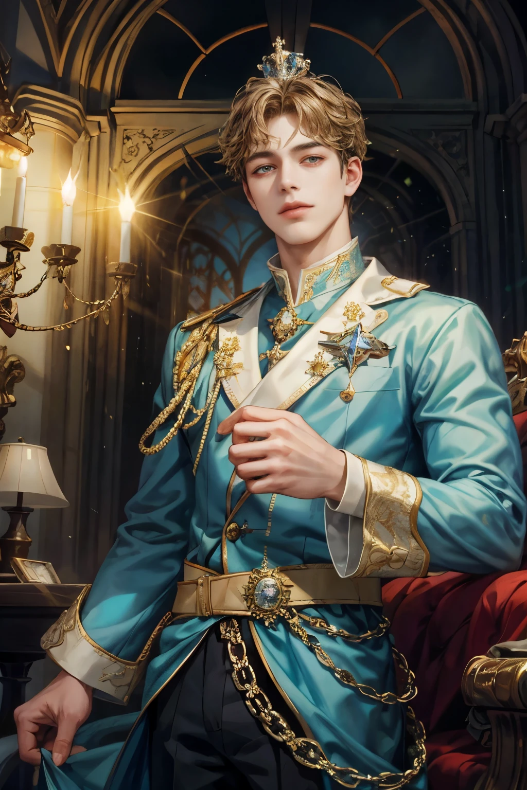 masterpiece:1.8, handsome teen boy, crown, prince, castle garden, perfect face:1.1, Looking at Viewer,