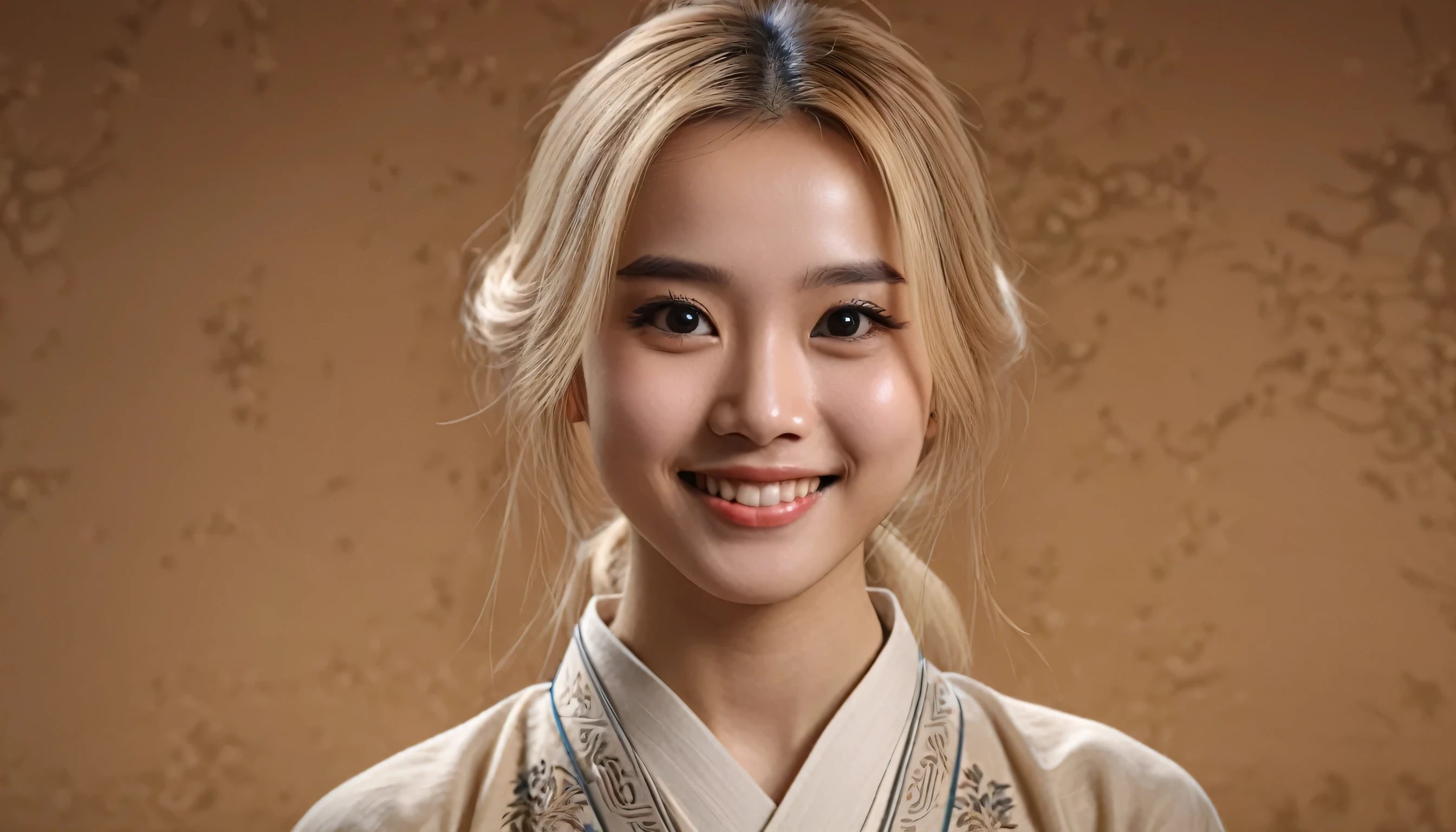 {{masterpiece, best quality, extremely detailed CG, unity 8k wallpaper, cinematic lighting}}, traditional Chinese ink painting, young woman Asian with blonde hair, prominent protagonist, smile, big eyes, beautiful detailed eyes, hopeful look, looking at the audience. brown background