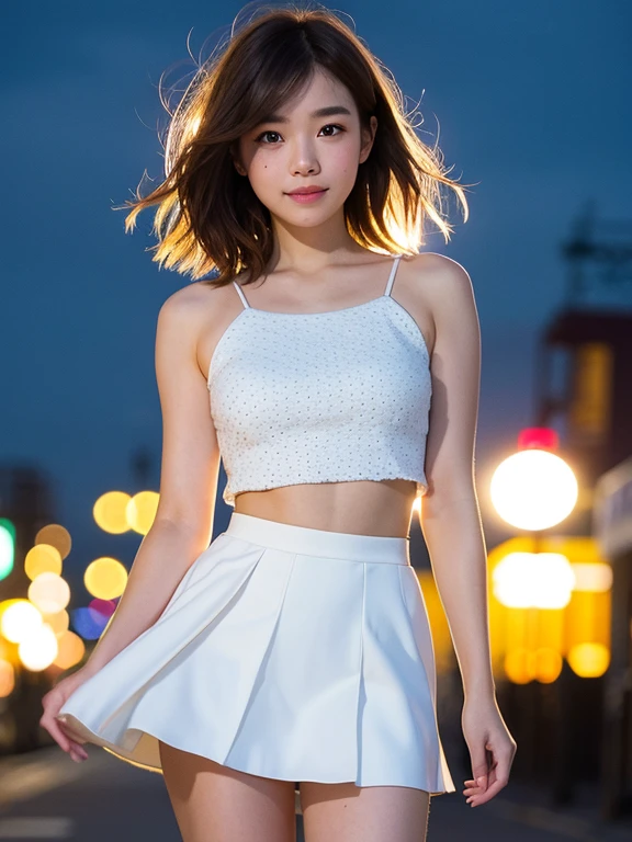 ((Whole body 1.4)),masterpiece, highest quality, RAW Photos, 8k, Highly detailed face, One girl, close, Beautifully detailed skin, Backlight, Soft Light, Shy, (Shoot from the front:1.2), Smile, open your mouth to say something, Illuminate, Anatomically correct, short hair, Windblown Hair, Eyes and facial details, Textured skin, Professional photography, Bokeh, Portraiture, Professional Lighting, alone, cute, Girlish, Film Grain, White camisole,mini skirt,outside, night, Starry Sky,