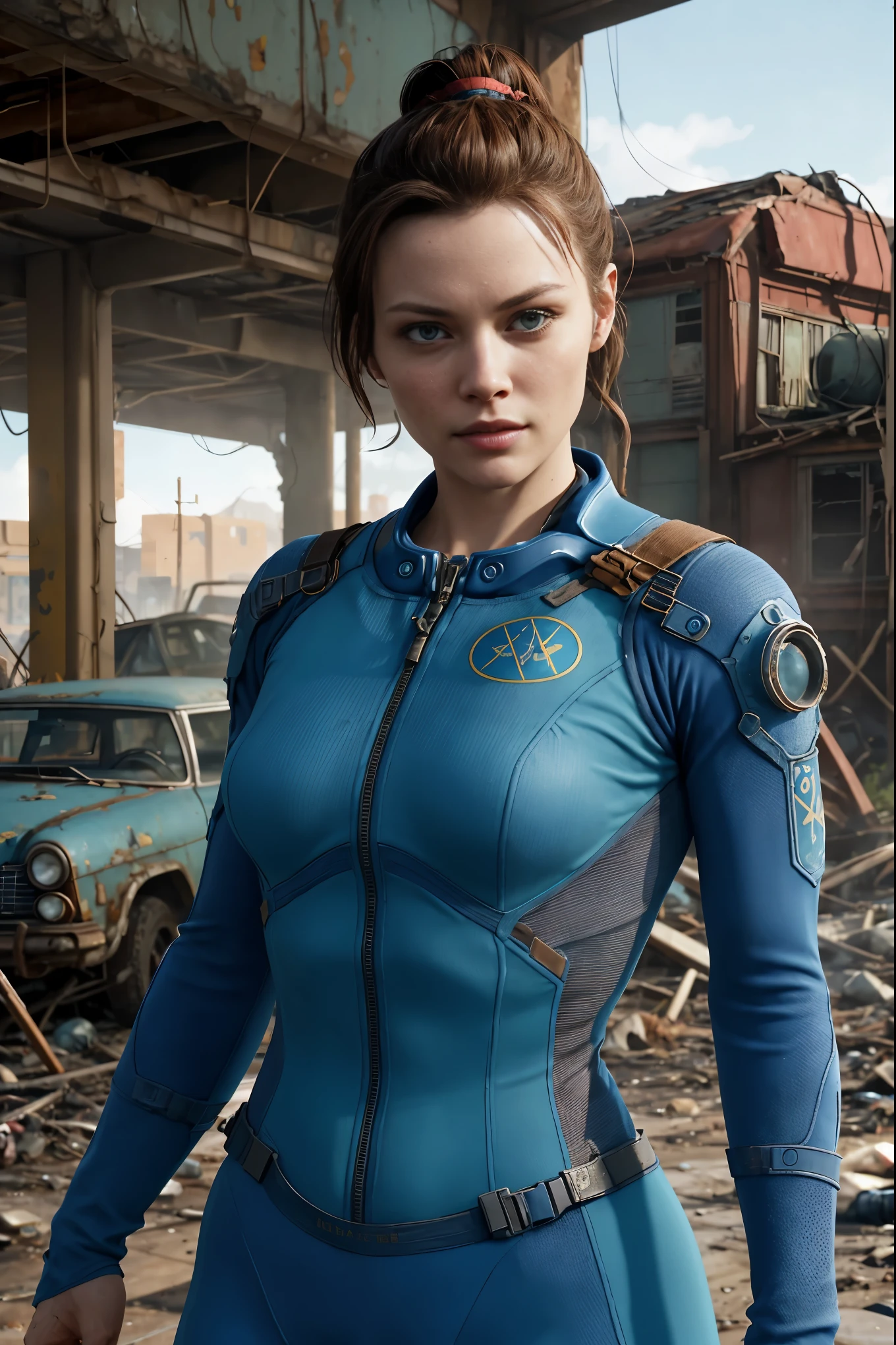 A cute and nerdy woman, (Michelle Pfeiffer:Gillian Jacobs:0.5), brunette hair tied in a ponytail, wearing an open high detail blue Fallout 4 vault suit, high detail face, high detail skin, seductive expression, perfect body, perfect proportions, an overgrown city long ruined by nuclear war in the background, high quality, masterpiece, realistic photo, intricately detailed, 8k, HDR, shallow depth of field, wide light, high contrast, backlight, sharp focus, RAW color photo, looking at the camera, cool colors, dynamic poses, in the style of Fallout 4