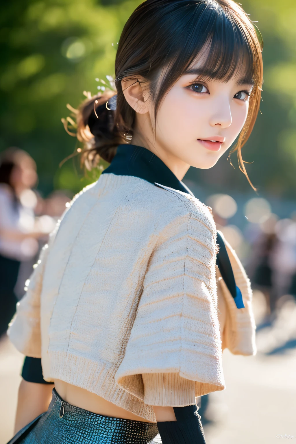 Japanese girl, Photorealsitic, Detailed skin, Detailed lips, Detailed eyebrows, PUPILS SPARKLING, depth of fields, ccurate, Super Detail, Best Quality, hight resolution, Anatomically correct, Textured skin, high details, High quality, short skirt, full body