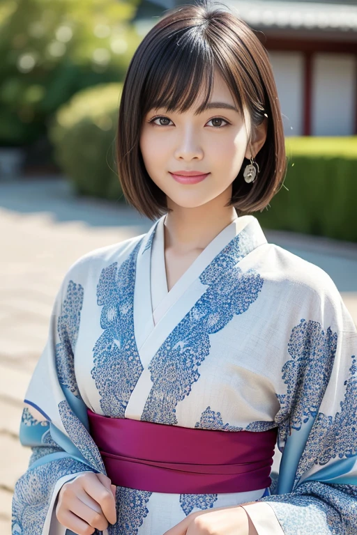 (highest quality:1.5)、(Realistic:1.5)、(1 person:1.5)、whole body、(Very detailed)、(High resolution)、(8k)、Beautiful floral kimono、Cute obi with Japanese patterns、kimono、Small breasts、Natural color lips、Cute smile、Japanese women、20 year old girl、Thin eyebrows、Beautiful and elegant face、cute顔、cute目、Big eyes、Fair skin、Beautiful and elegant face、Natural Bangs、Beautiful and thin nose、Beautiful Skin、Medium Bob Hair、Short Hair、Natural Bangs、Perfect and beautiful face、Slim face and figure、(Looking at the camera with a cute expression)、(Bright lighting)、Professional Lighting、 (Lighting from the front)、Natural smile、cute、Simple Background、Outdoor、Elegant pose、Gorgeous and cute furisode kimono、(A cute kimono with a gorgeous floral pattern)、(華やかな花柄の可愛いkimono)、