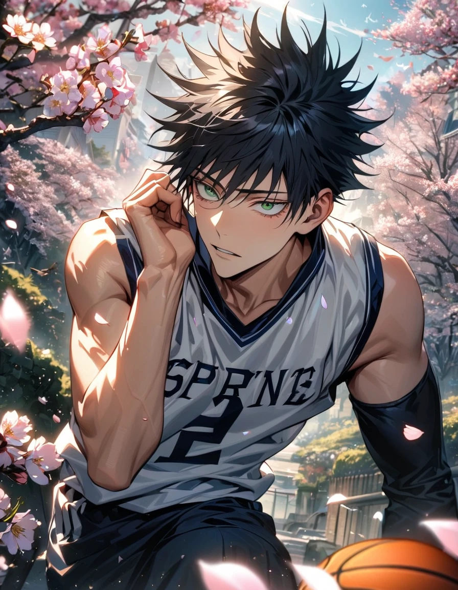 absurdres, highres, ultra detailed, HDR, masterpiece, extremely detailed face and eyes, Fushiguro Megumi, black hair, expressive green eyes, Jujutsu Kaisen, solo, sexy man, handsome, basketball uniform, spring, blossoms, petals, birds