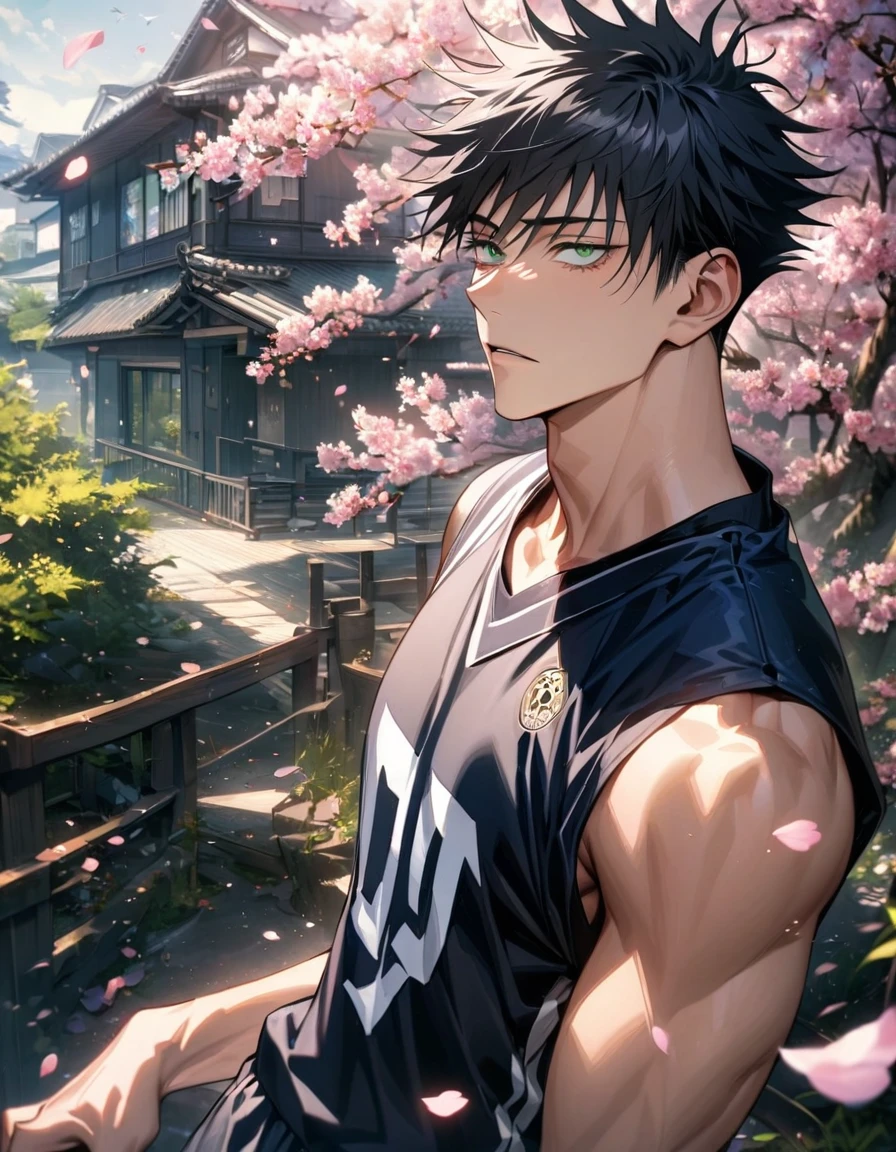 absurdres, highres, ultra detailed, HDR, masterpiece, extremely detailed face and eyes, Fushiguro Megumi, black hair, expressive green eyes, Jujutsu Kaisen, solo, sexy man, handsome, basketball uniform, spring, blossoms, petals, birds