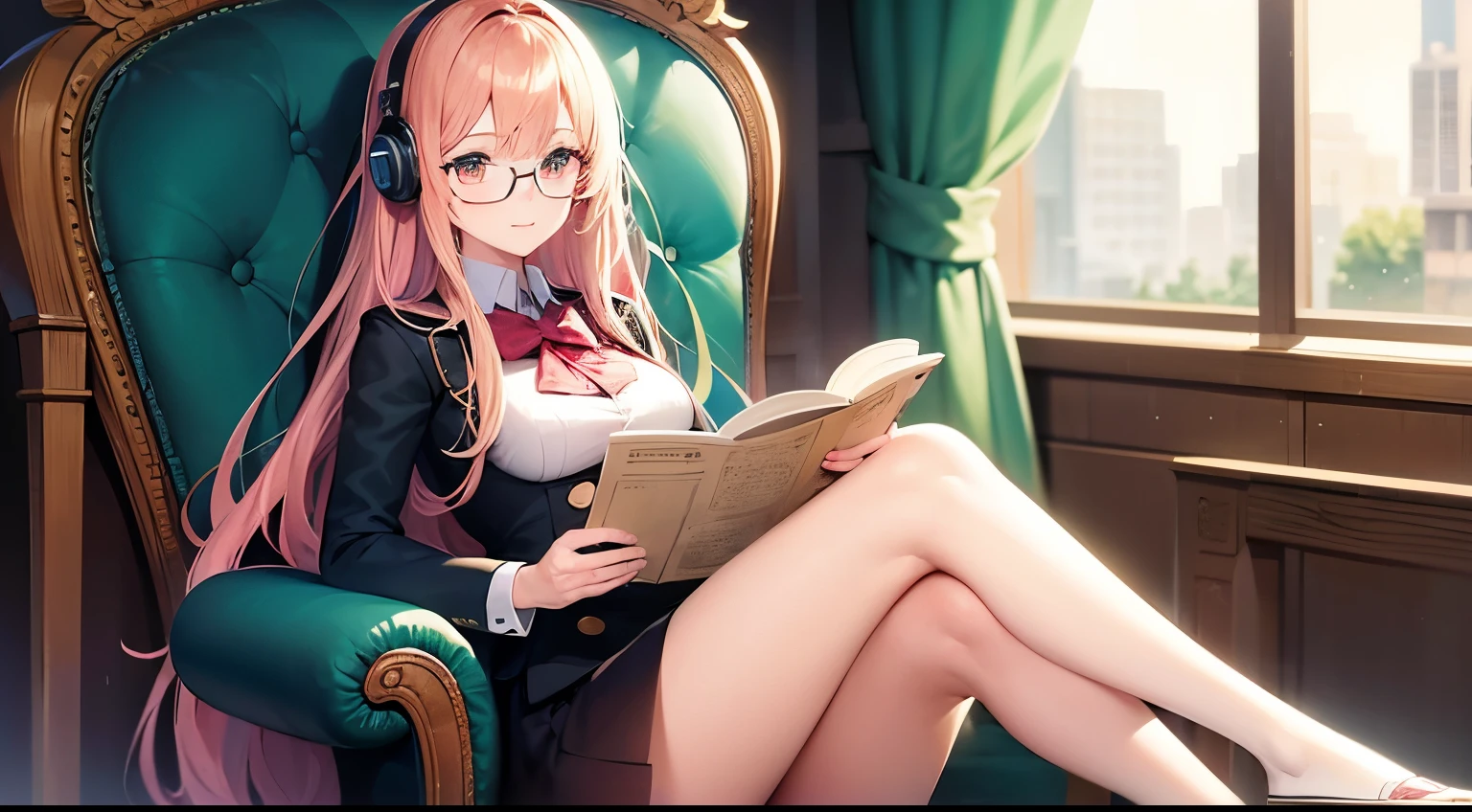 ((highest quality)),(超A high resolution),(Ultra-detailed),(Detailed depiction),((The best CG)),(A masterpiece),Ultra-detailed art,The art of astonishing depiction, (1 Beautiful Woman,Pink long hair),(uniform),Beautiful and well-groomed face,Black glasses,Wearing headphones,Bright atmosphere, evening,cloud,sitting in a chair reading a book in one&#39;s room