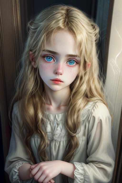 (best quality,4k,8k,highres,masterpiece:1.2),ultra-detailed,realistic,portrait of a beautiful 18-year-old with blonde hair, wearing cotton panties, standing at the door of a dark private office. The lighting in the room is dark and melancholy, evoking a sense of mystery and intrigue. The focus is sharp, capturing every detail of her delicate features, including her mesmerizing eyes and luscious lips. Her expression is captivating, exuding both youthfulness and a hint of allure. The color palette is subdued, with deep shadows and highlights adding depth and dimension to the portrait. The artwork is created using a combination of traditional painting techniques and modern digital rendering, resulting in an exquisite and lifelike portrayal of the young girl.