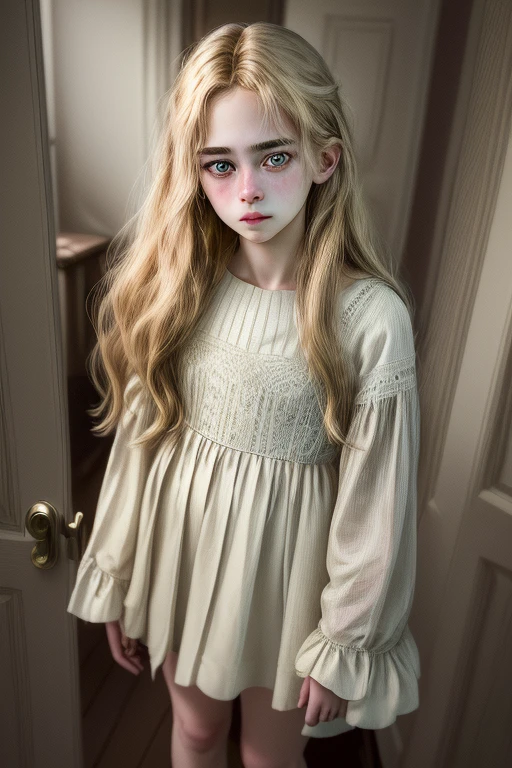 (best quality,4k,8k,highres,masterpiece:1.2),ultra-detailed,realistic,portrait of a beautiful 18-year-old  teen with blonde hair, wearing cotton panties, standing at the door of a dark private office. The lighting in the room is dark and melancholy, evoking a sense of mystery and intrigue. The focus is sharp, capturing every detail of her delicate features, including her mesmerizing eyes and luscious lips. Her expression is captivating, exuding both youthfulness and a hint of allure. The color palette is subdued, with deep shadows and highlights adding depth and dimension to the portrait. The artwork is created using a combination of traditional painting techniques and modern digital rendering, resulting in an exquisite and lifelike portrayal of the young girl.