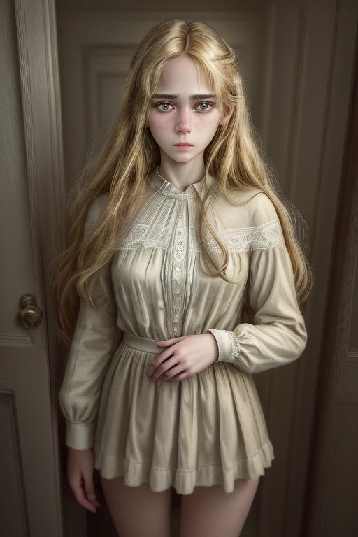 (best quality,4k,8k,highres,masterpiece:1.2),ultra-detailed,realistic,portrait of a beautiful 18-year-old with blonde hair, wearing cotton panties, standing at the door of a dark private office. The lighting in the room is dark and melancholy, evoking a sense of mystery and intrigue. The focus is sharp, capturing every detail of her delicate features, including her mesmerizing eyes and luscious lips. Her expression is captivating, exuding both youthfulness and a hint of allure. The color palette is subdued, with deep shadows and highlights adding depth and dimension to the portrait. The artwork is created using a combination of traditional painting techniques and modern digital rendering, resulting in an exquisite and lifelike portrayal of the young girl.