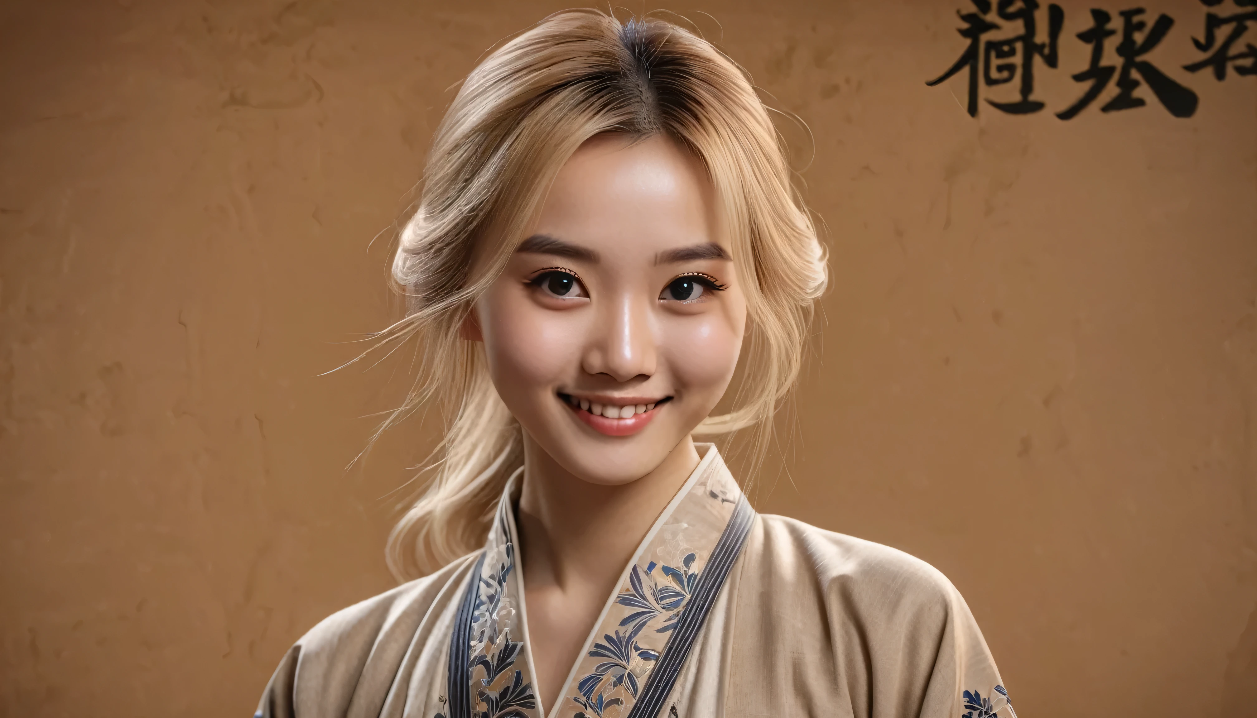 {{masterpiece, best quality, extremely detailed CG, unity 8k wallpaper, cinematic lighting}}, traditional Chinese ink painting, young woman Asian with blonde hair, prominent protagonist, smile, big eyes, beautiful detailed eyes, hopeful look, looking at the audience. brown background