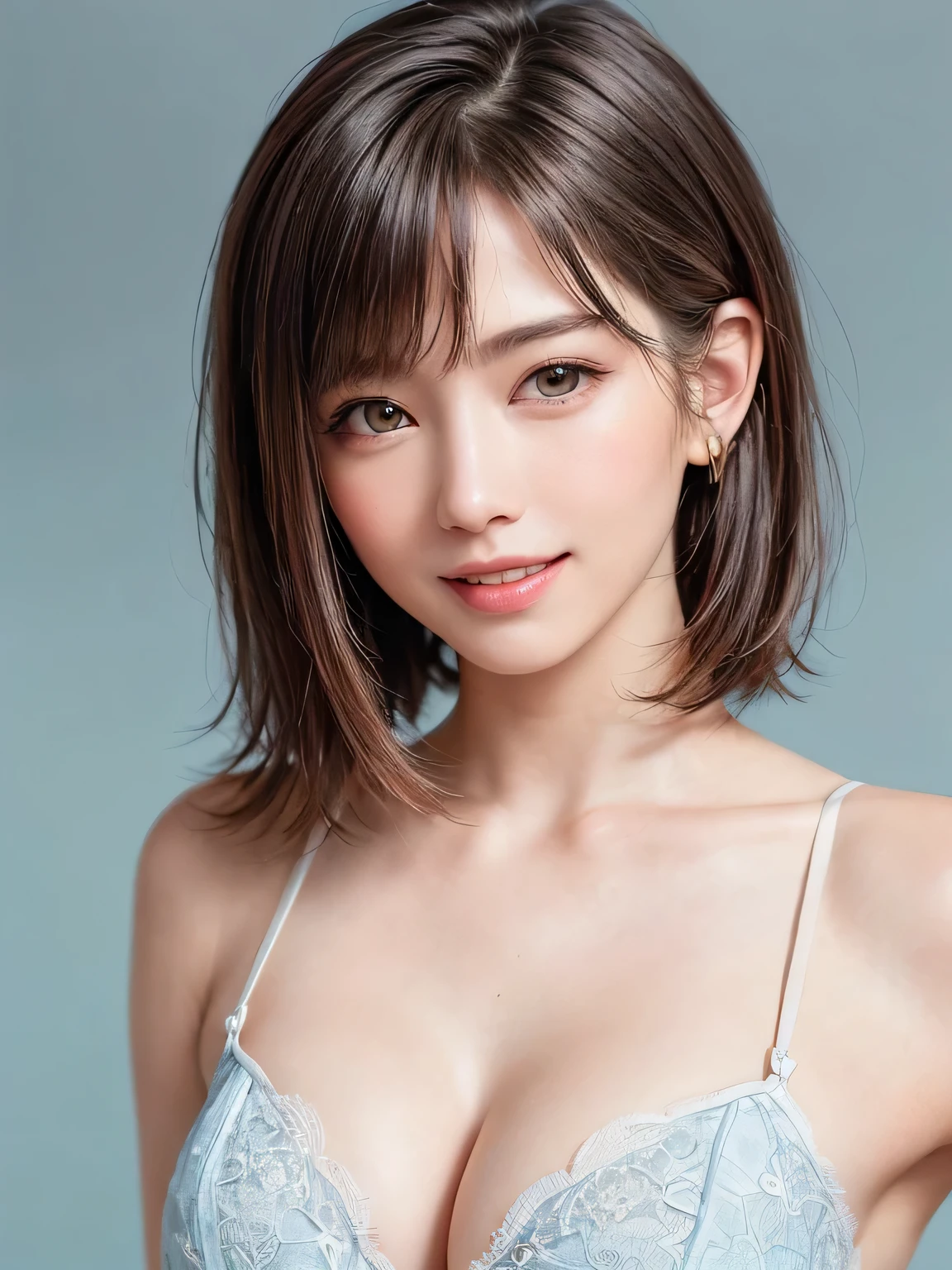 (SFW:2，Tabletop, highest quality、Ultra-high resolution、Face Focus Focus、Focus on the side、Focus on the navel、Focus on the décolleté、Very attractive beauty、Add vibrant highlights to your eyes、Look closely at the camera:1.4、Really beautiful bangs:1.6、Brunette short bob hair with bangs:1.4、Short Bob Hair:1.8),1 girl, Report, Black-haired, Realistic, Looking at the audience, pale brown eyes, short hair, lips, Lip gloss, Upper Body、Big eyes、eyelash)、((Hyper Realistic Stick:1.4))、((short hair with bangs:1.4、Beautiful 46-point bangs:1.6、{Huge|big|Huge|Mega} chest:2, Chest cleavage:2、Big eyes、Give students a very strong highlight、very bigger chest、Looking at the audience、Very beautiful beauty、Show me your ears、Beautiful long neck、beautiful décolletage、smile、A smilee　Beautiful Teeth、Open your mouth and smilee))、28 years old、Very cute supermodel、Perfect Anatomy、Very simple blue background:1.6