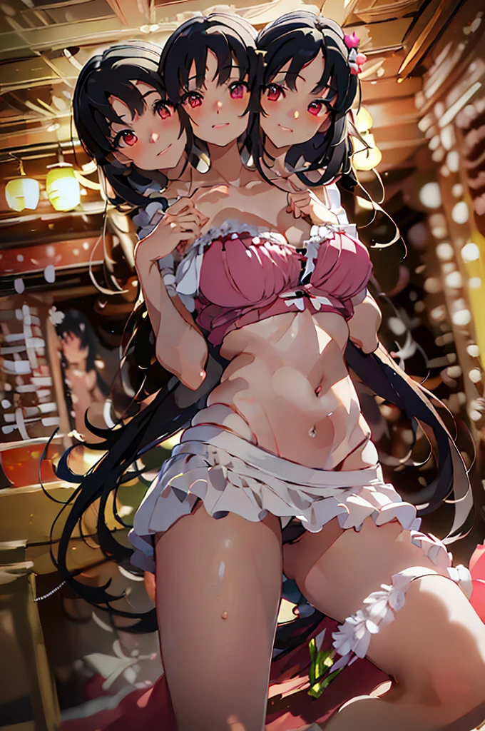(masterpiece, best quality),best quality, (ultra-detailed), (3heads:1.5), 1girl, (houraisan kaguya:1.3), masterpiece, best quality, ultra quality, ultra resolution, ultra detail, pink top, crop top, ((stomach)), midriff, ((groin)), pink skirt, normal ears, shackles, black hair, very long hair, wavy hair, sidelocks, brown eyes, parted lips, open belly, sweat, cute, toned belly, hand on own chest, eyelashes, (24 year old woman:1.3), (masterpiece:1.5), (best quality:1.5), (beautiful detailed), extremely detailed CG, extremely delicate and beautiful, depth of field, (finely detailed face), (perfect details:1.2), (mature female:1.3), wide pelvis, slender, large veiny breast, 16k resolution, highres, high quality, high definition, extremely detailed, masterpiece, black hair, long hair, alluring presence, braid, short skirt, clo\se up, big tits, young, hairband open belly, nsfw, midriff,