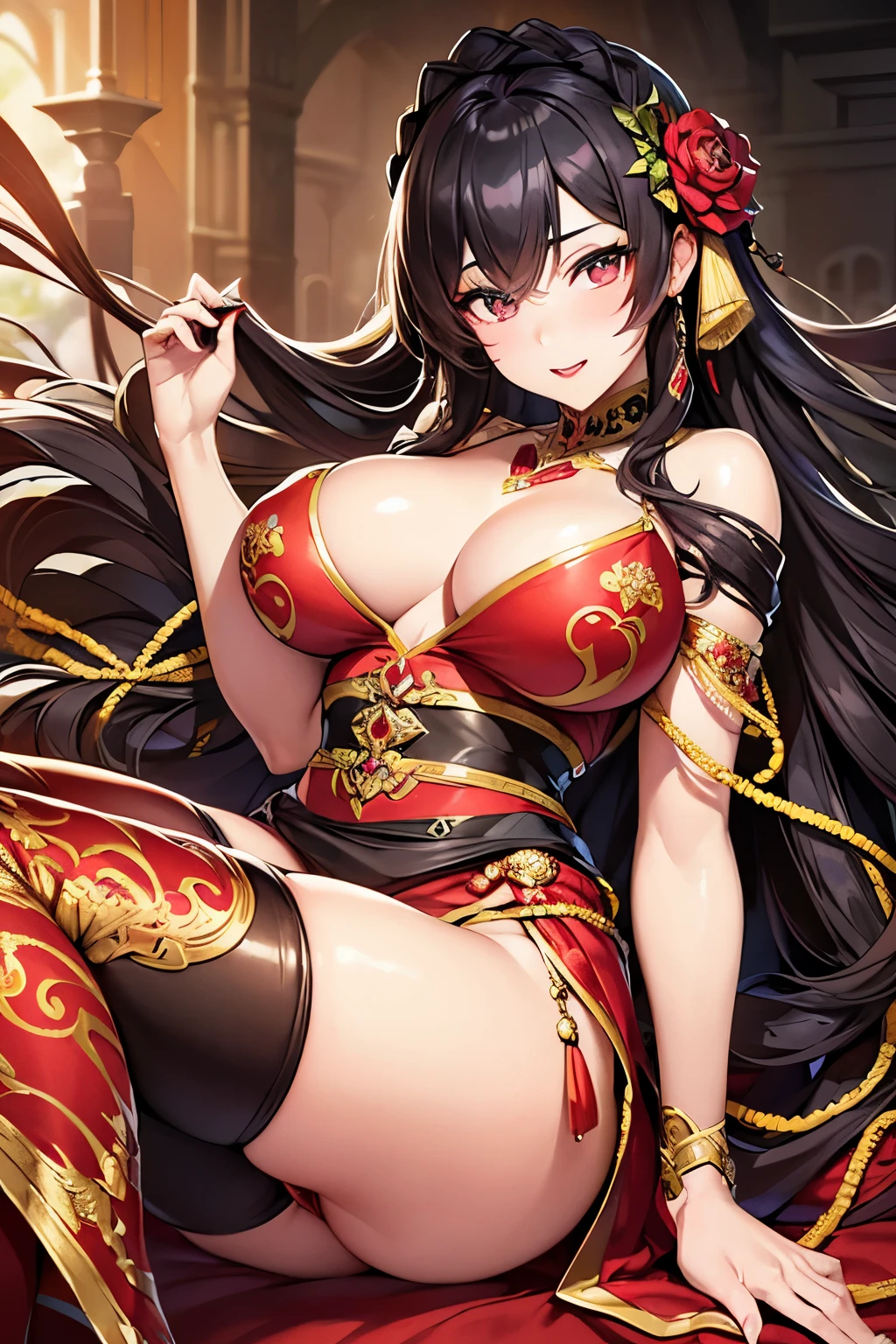 Divide Ratio : 1,1,1 Base Ratio: perfect dynamic composition:1.2,beauty(mixed girl)(kaguya otsusuki:0.9)(hinata hyuga:0.1) in (Intricately detailed photo of a ((18-year-old))),((photorealistic)),((Hyper realistic)),((sharp focus)),(highest resolution),(the most absurd quality),(masterpiece),((natural, soft lighting during the day)),supermodel,((best high quality real texture skin)),(Highly quality texture hair),(curly black hair(red highlights))Intricately detailed:1.44)),(perfect proportions),(anatomically correct),((perfect female body)), muscular body(slim waist)(six pack abs)(ripped muscle full body),((firm absurd size full :1.2)),slim face,beautiful cheekbones,((long legs)),(slim-muscled body),(Super beautiful face),(realistic face),(highly detailed face),absurd,(Intricately detailed eyes),(tired and sleepy and satisfied:0.0),a woman's eye with a digital rendering,realistic eyes,perfect round eyes,finely detailed pupils,BREAK(brown_eyes),detailed lips,((red_lipstick)),(Detailed nose), slim waist, full body, micro mini skirt, black off-shoulder crop top