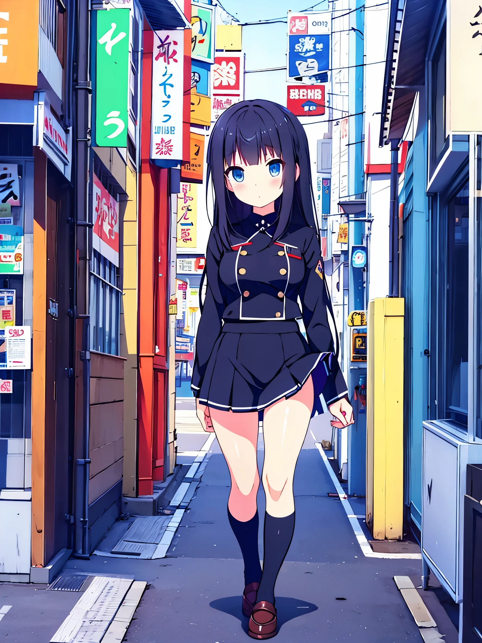 beautiful gorgeous girl black uniform with mini skirt white stockings with blue black hair blue eyes in japanese street akihabara swastika