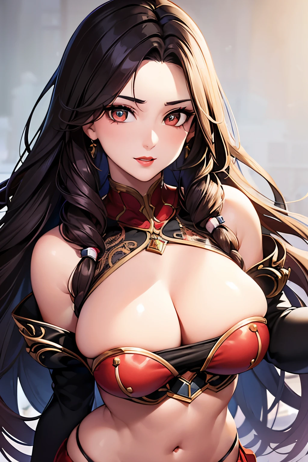 Divide Ratio : 1,1,1 Base Ratio: perfect dynamic composition:1.2,beauty(mixed girl)(kaguya otsusuki:0.9)(hinata hyuga:0.1) in (Intricately detailed photo of a ((18-year-old))),((photorealistic)),((Hyper realistic)),((sharp focus)),(highest resolution),(the most absurd quality),(masterpiece),((natural, soft lighting during the day)),supermodel,((best high quality real texture skin)),(Highly quality texture hair),(curly black hair(red highlights))Intricately detailed:1.44)),(perfect proportions),(anatomically correct),((perfect female body)), muscular body(slim waist)(six pack abs)(ripped muscle full body),((firm absurd size full :1.2)),slim face,beautiful cheekbones,((long legs)),(slim-muscled body),(Super beautiful face),(realistic face),(highly detailed face),absurd,(Intricately detailed eyes),(tired and sleepy and satisfied:0.0),a woman's eye with a digital rendering,realistic eyes,perfect round eyes,finely detailed pupils,BREAK(brown_eyes),detailed lips,((red_lipstick)),(Detailed nose), slim waist, full body, micro mini skirt, black off-shoulder crop top