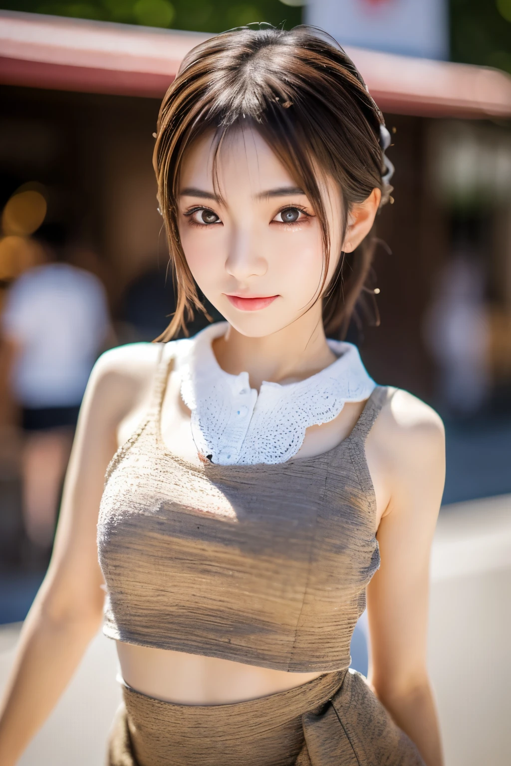 Japanese girl, Photorealsitic, Detailed skin, Detailed lips, Detailed eyebrows, PUPILS SPARKLING, depth of fields, ccurate, Super Detail, Best Quality, hight resolution, Anatomically correct, Textured skin, high details, High quality, short skirt, full body