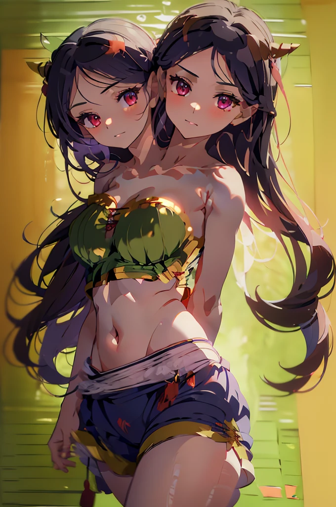 (masterpiece, best quality), best quality,,(ultra-detailed), (3heads:1.5), 1girl, (Nippaku Zanmu:1.3), masterpiece, best quality, ultra quality, ultra resolution, ultra detail, green top, crop top, ((stomach)), midriff, ((groin)), blue skirt, normal ears, shackles, purple-black hair, very long hair, wavy hair, sidelocks, crimson eyes, parted lips, single horn, sweat, cute, toned belly, hand on own chest, eyelashes, (24 year old woman:1.3), (masterpiece:1.5), (best quality:1.5), (beautiful detailed), extremely detailed CG, extremely delicate and beautiful, depth of field, (finely detailed face), (perfect details:1.2), (mature female:1.3), wide pelvis, slender, large veiny breast, 16k resolution, highres, high quality, high definition, extremely detailed, masterpiece, best quality, purple-black hair, long hair, alluring presence, braid, short skirt, close up, big tits, young,