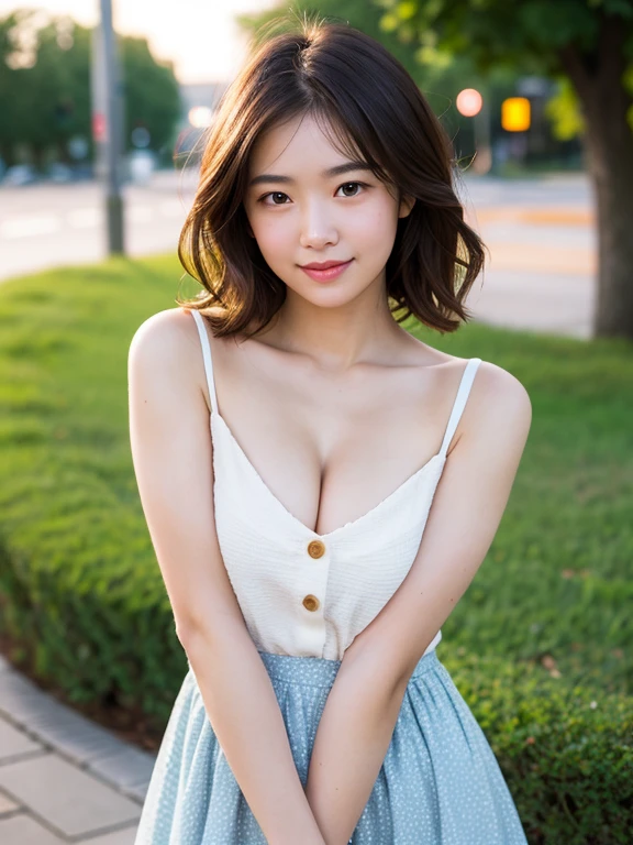 ((Whole body 1.4)),masterpiece, highest quality, RAW Photos, 8k, Highly detailed face, One girl, close, Beautifully detailed skin, Backlight, Soft Light, Shy, (Shoot from the front:1.2), Smile, open your mouth to say something, Illuminate, Anatomically correct, short hair, Windblown Hair, Eyes and facial details, Textured skin, Professional photography, Bokeh, Portraiture, Professional Lighting, alone, cute, Girlish, Film Grain, White camisole,mini skirt,outside, night, Starry Sky,Cleavage