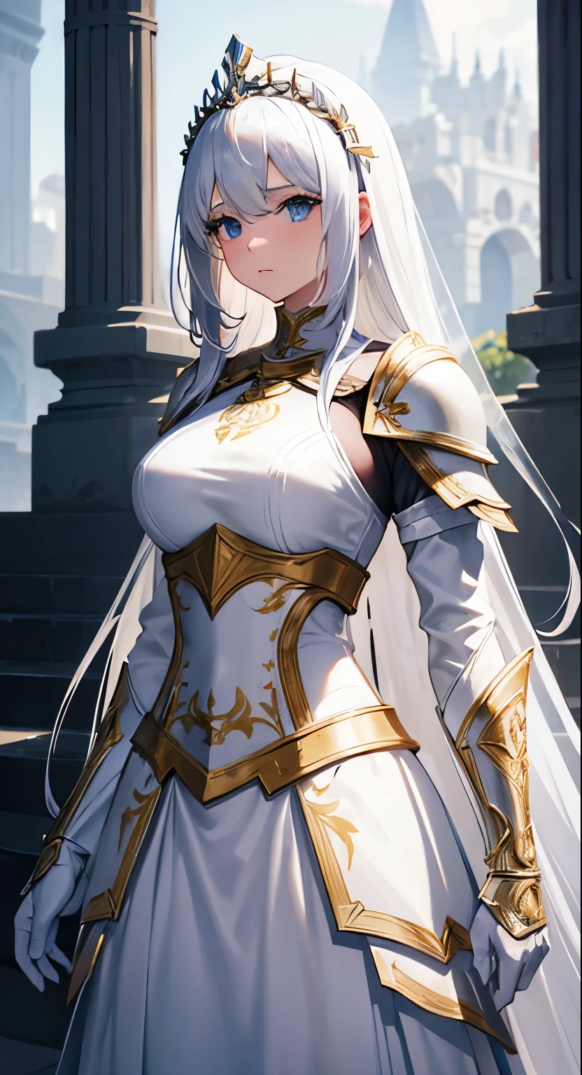A girl, wearing a Cysne armor, white and simple armor, a white breastplate, white waistband, standing tall, elegant pose, white tiara, ultra long and detailed hair, elegant hairstyle, holding down a giant big bastard sword, the armor resemble a Cysne,