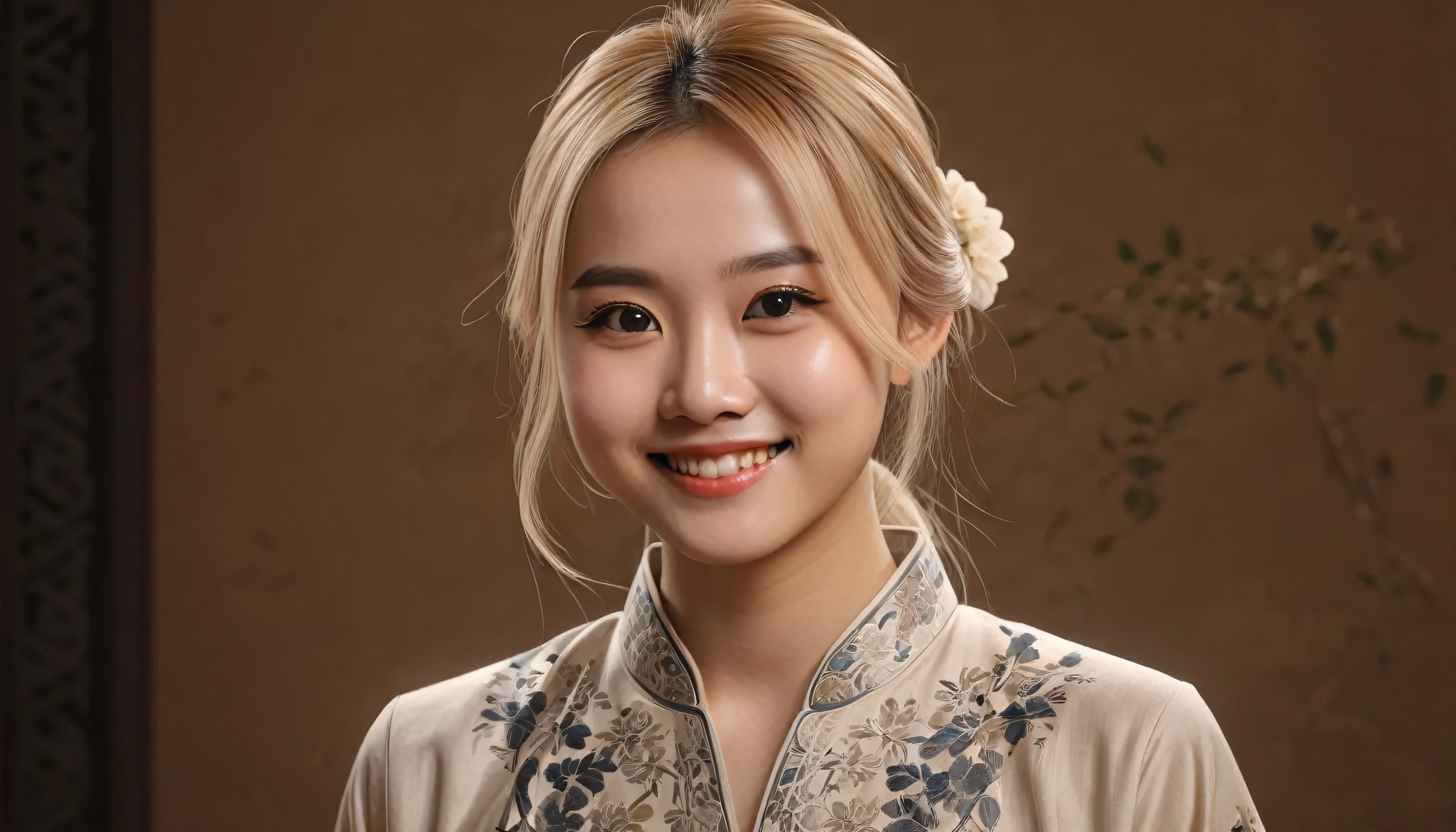 {{masterpiece, best quality, extremely detailed CG, unity 8k wallpaper, cinematic lighting}}, traditional Chinese ink painting, young woman Asian with blonde hair, prominent protagonist, smile, big eyes, beautiful detailed eyes, hopeful look, looking at the audience. brown background