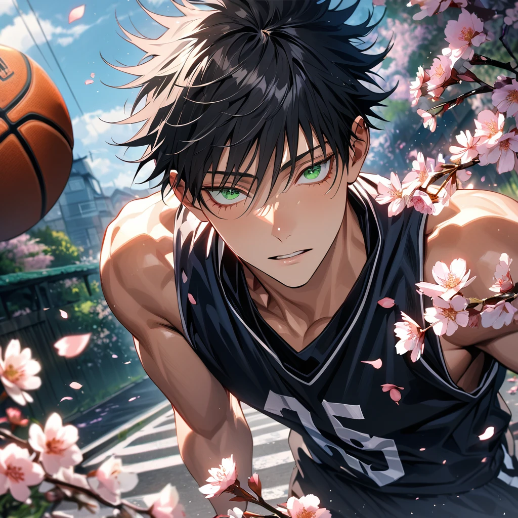 absurdres, highres, ultra detailed, HDR, masterpiece, extremely detailed face and eyes, Fushiguro Megumi, black hair, expressive green eyes, Jujutsu Kaisen, solo, sexy man, handsome, basketball uniform, spring, blossoms, petals, birds