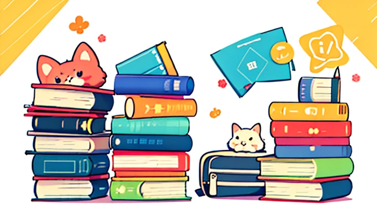 School bags and backpacks for elementary and junior high school students　Stacked reference books　stationery　Cute illustrations　No text　super high quality
