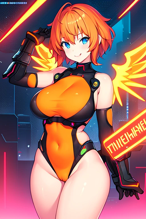 1girl, large breasts, breasts, bare legs, thick thighs, short hair, orange hair, leotard, very short hair, black leotard, orange trim, neon trim, neon lights, neon, machinery, tech, science-fiction, futuristic, smile, blue eyes, wings