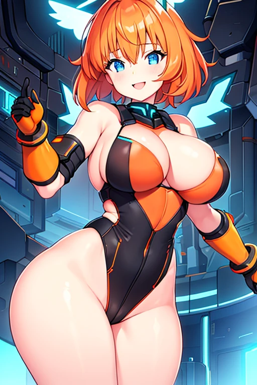 1girl, large breasts, breasts, bare legs, thick thighs, short hair, orange hair, leotard, very short hair, black leotard, orange trim, neon trim, neon lights, neon, machinery, tech, science-fiction, futuristic, smile, blue eyes, wings