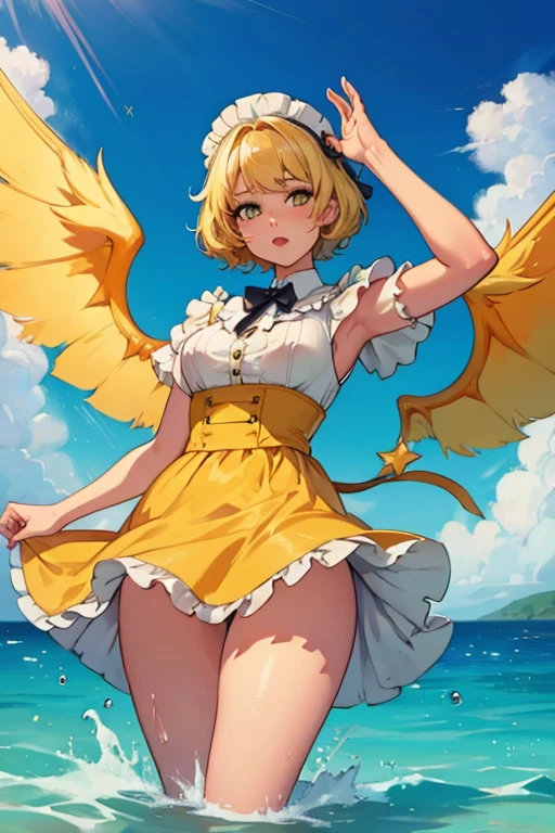 A blonde haired female angel in a cute yellow lolita dress with hazel eyes and golden wings is splashing in the waves at the beach
