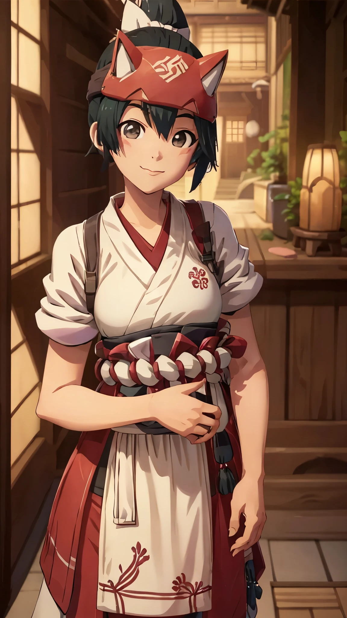 1lady solo, (anime:1.3),standing,shy smile,((black eyes)),(masterpiece best quality:1.2) delicate illustration ultra-detailed,japaneseshrine , detailed background,[[[nsfw]]]