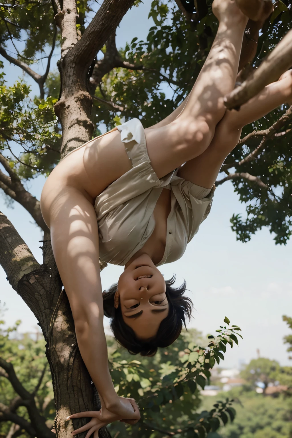 Aimee climbed down the branches of a tree until she hung upside down from a branch and her face was next to Dazai.