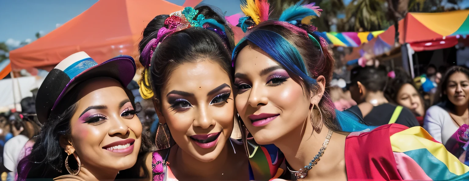 Design a vibrant and colorful image that captures the essence of a drag festival. La imagen debe mostrar una escena festiva y alegre, with people of diverse gender identities celebrating together. Includes elements that reflect free gender expression, la creatividad y la diversidad. Make sure the image conveys an inclusive and empowering environment, donde todos se sientan bienvenidos y aceptados. Use bright, bold colors to reflect the energy and vitality of the event